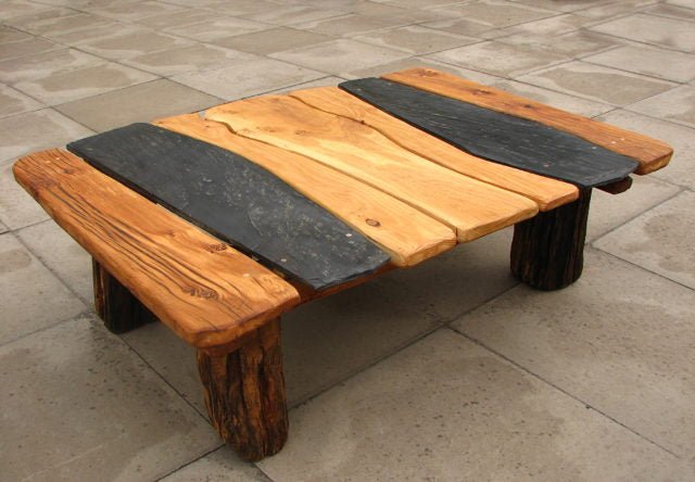 Stripy slate coffee table with oak frame — handcrafted from Welsh slate, Mid Wales