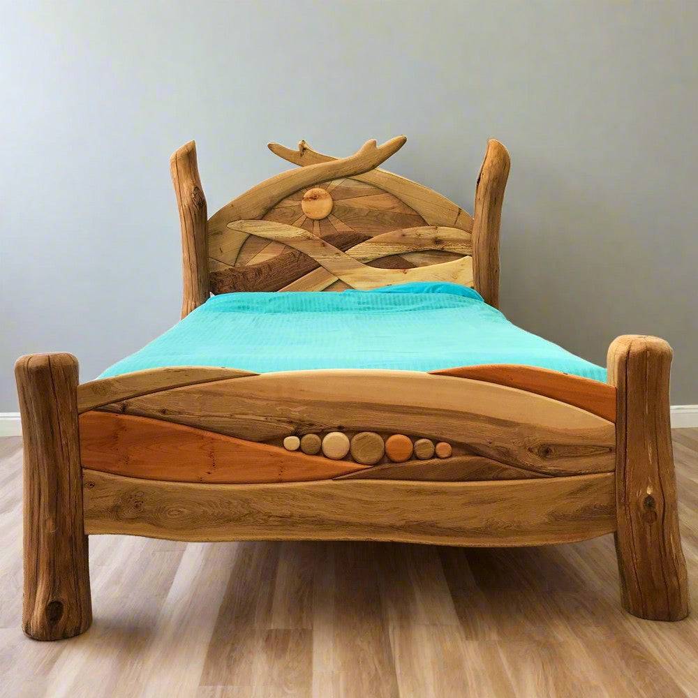 Handmade Sunrise Bed showcasing intricate sunrise carving, crafted from sustainable woods for a rustic and eco-friendly bedroom centerpiece.

