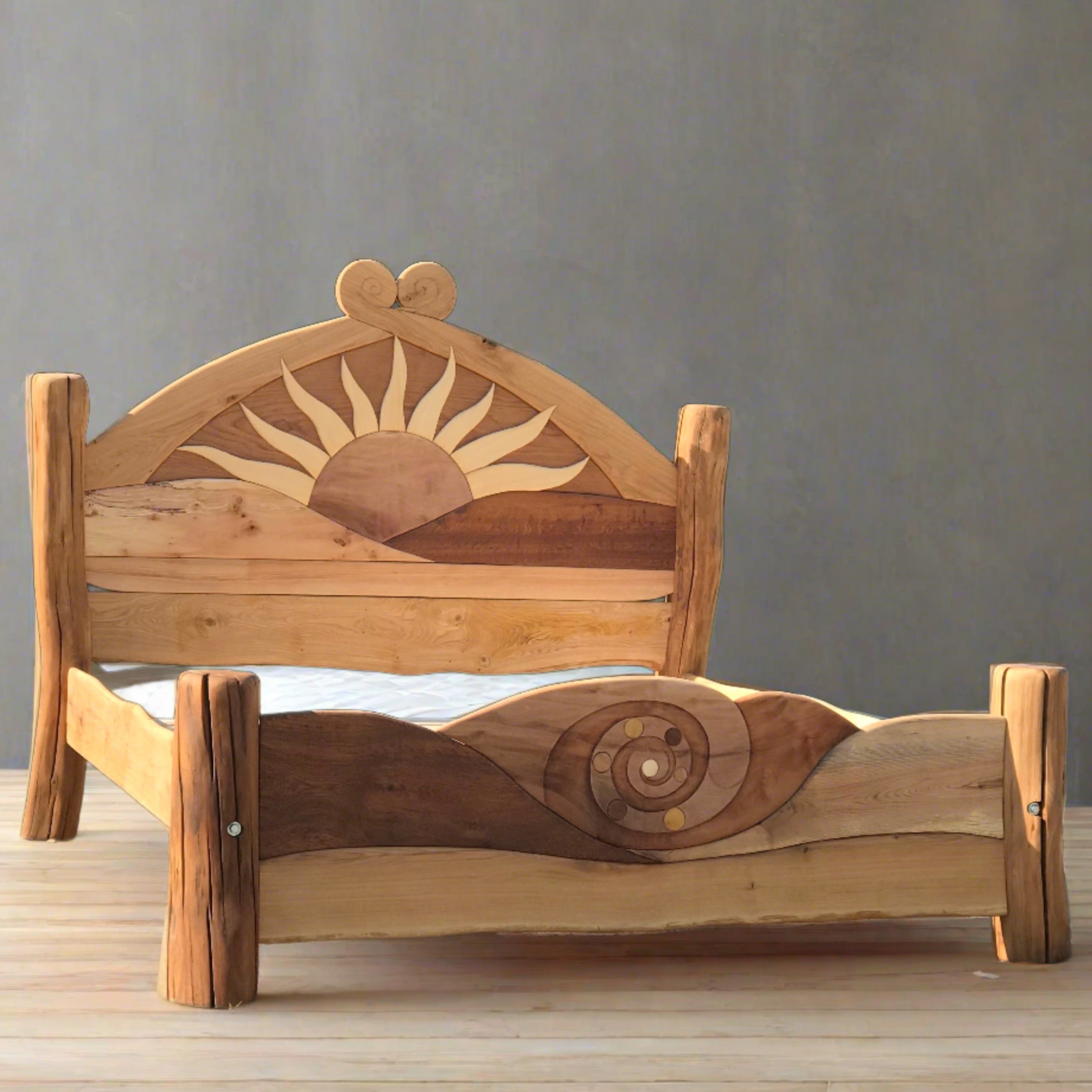 Handcrafted Sunshine Bed with a sunrise-inspired headboard, made from driftwood, oak, and sustainable timbers for a rustic and elegant bedroom centerpiece.