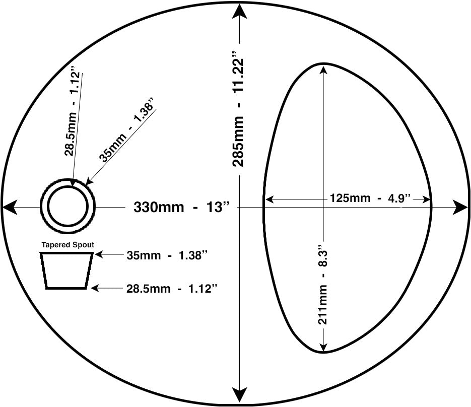 Technical diagram of a circular template with various measurements. The outer circle has a diameter of 330mm (13 inches). An inner oval shape measures 285mm (11.22 inches) vertically and 125mm (4.9 inches) horizontally. A smaller circle with a diameter of 35mm (1.38 inches) is positioned on the left, along with a tapered spout labeled with dimensions 35mm (1.38 inches) at the top and 28.5mm (1.12 inches) at the bottom