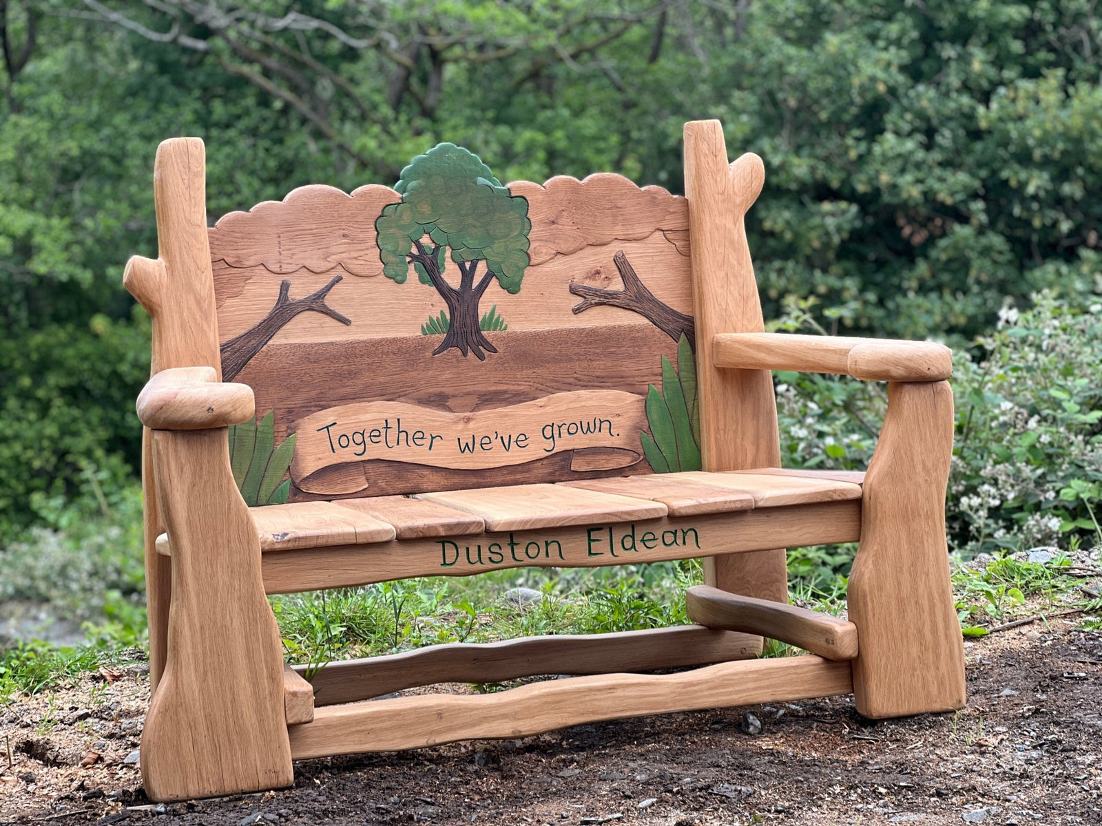 Side view of personalised woodland oak memorial bench — handmade Wales