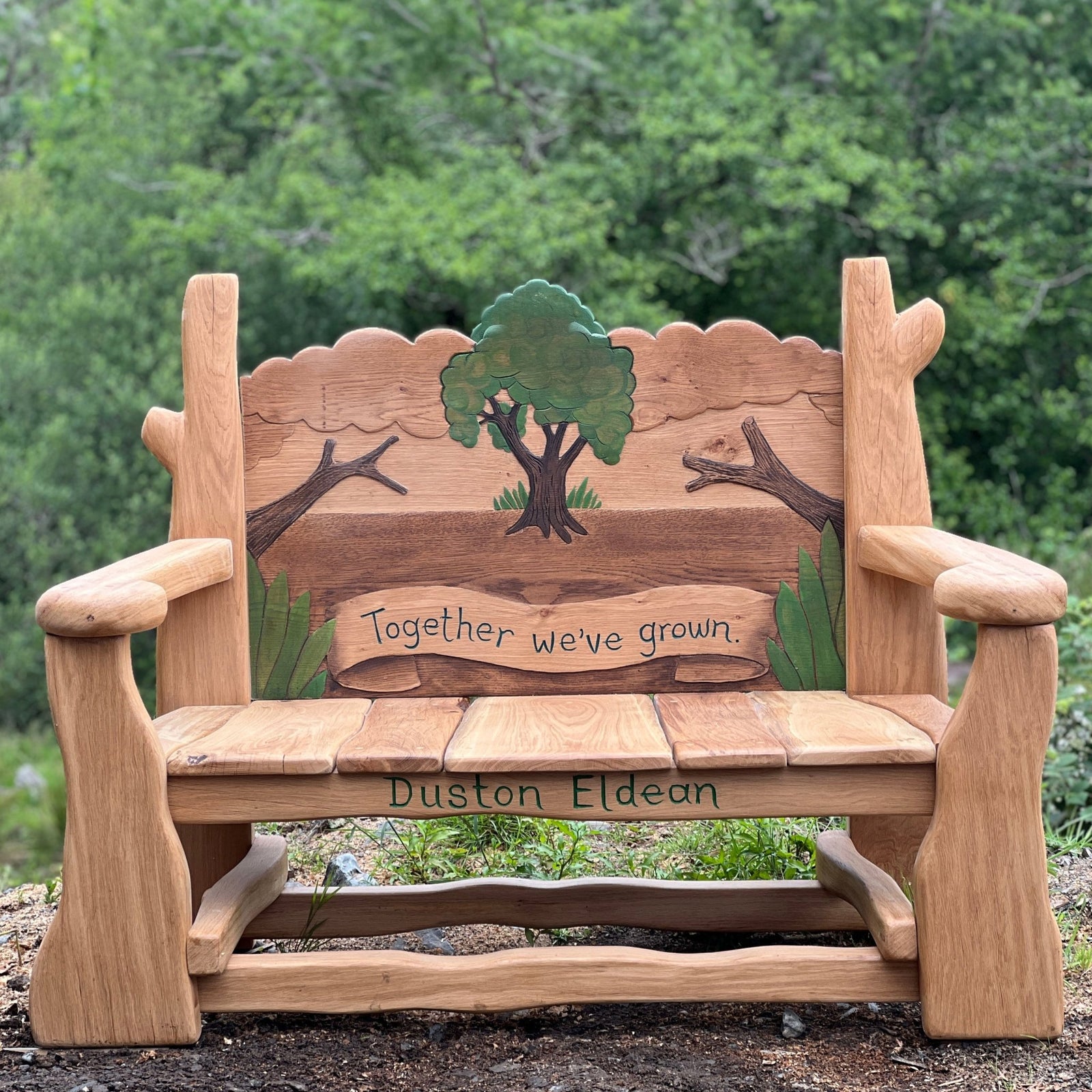 Handcrafted oak memorial bench — Together We've Grown woodland dedication bench, Wales