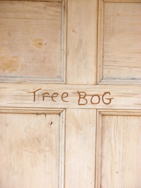 Rear view of wooden tree bog compost toilet — eco off-grid sanitation, Mid Wales