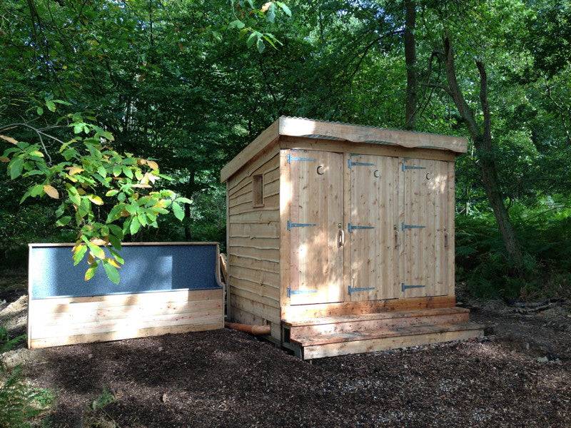 Triple composting toilet block in woodland setting — eco handmade outdoor facility, Wales