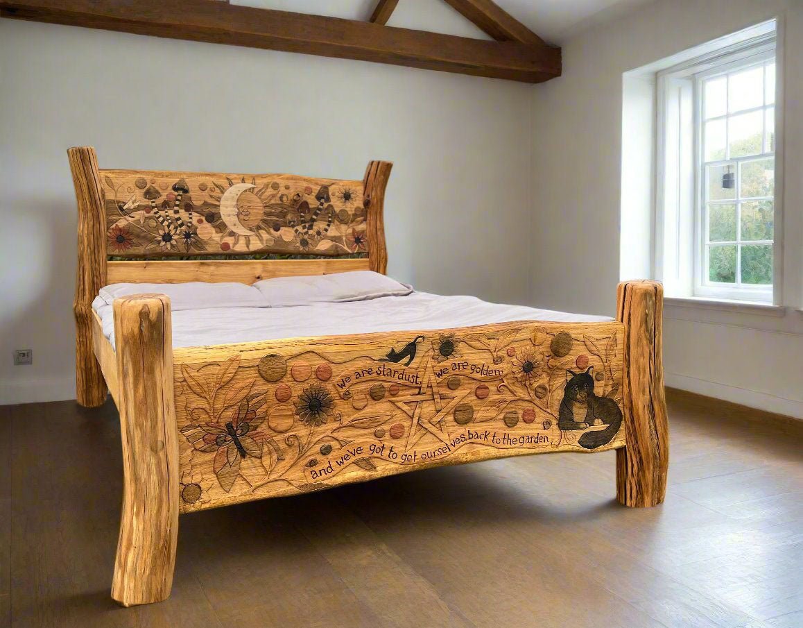 Chunky hand-carved king-size oak fantasy bed in bedroom — bespoke handmade furniture, Wales
