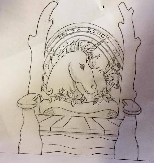 Sketch design for handmade oak unicorn memorial bench — bespoke carved tribute seating, Wales
