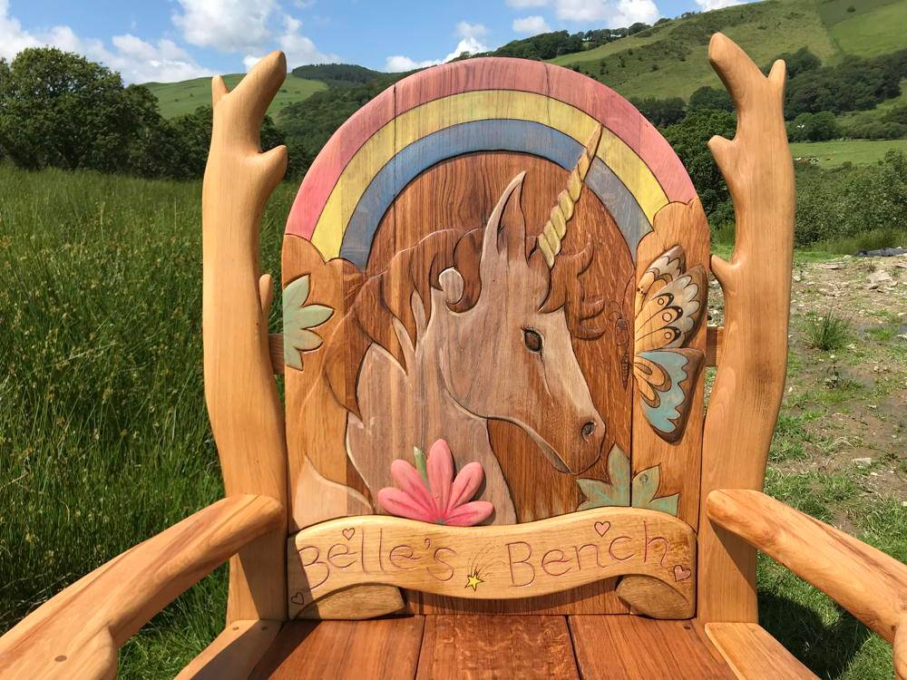 Carved oak memorial unicorn bench — handmade personalised tribute seating, Wales