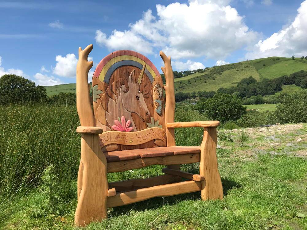 Unicorn memorial bench carved from solid oak — handmade bespoke tribute seat, Wales