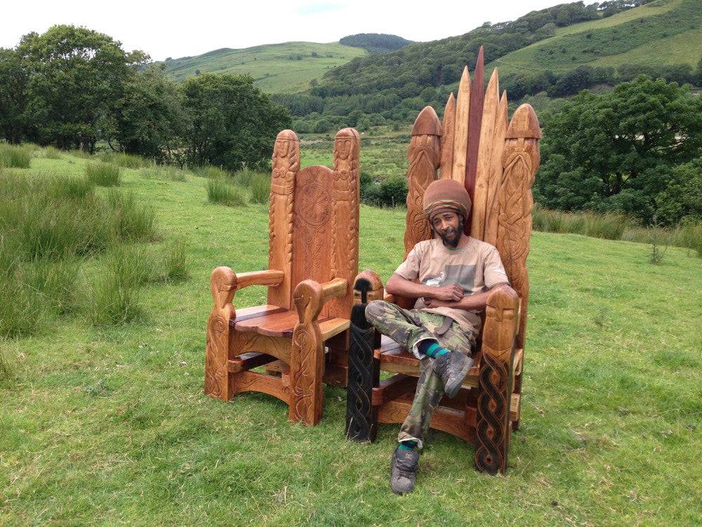 Handcrafted carved oak Norse throne chair — bespoke Viking-style statement furniture, Wales
