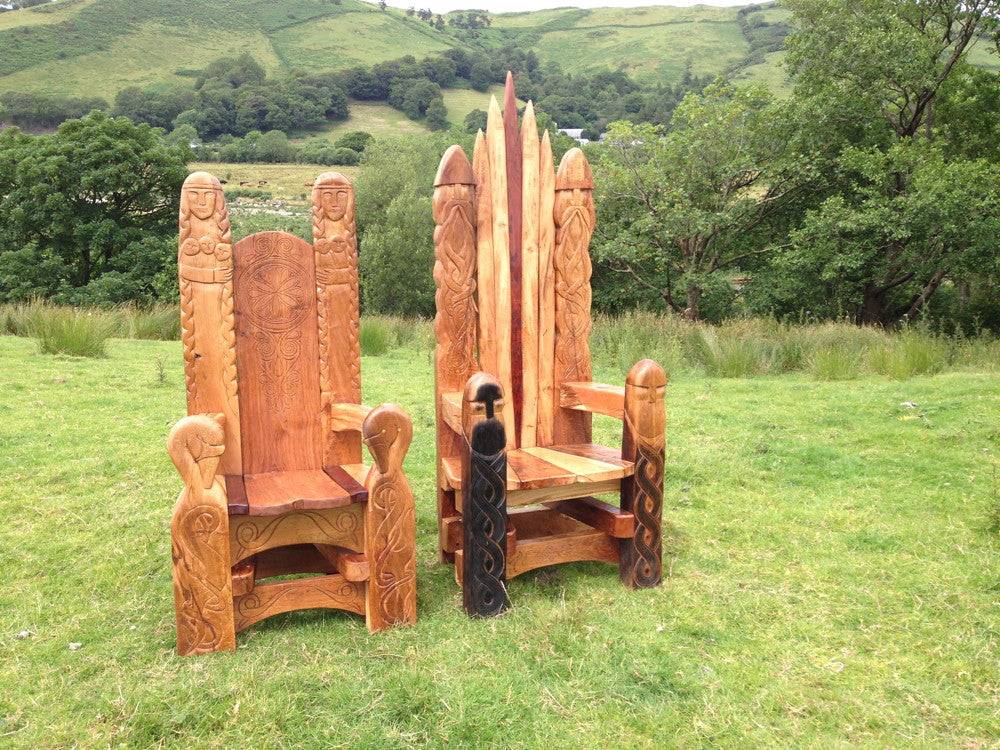 Handmade carved oak wedding throne — bespoke Viking Norse statement chair, Wales
