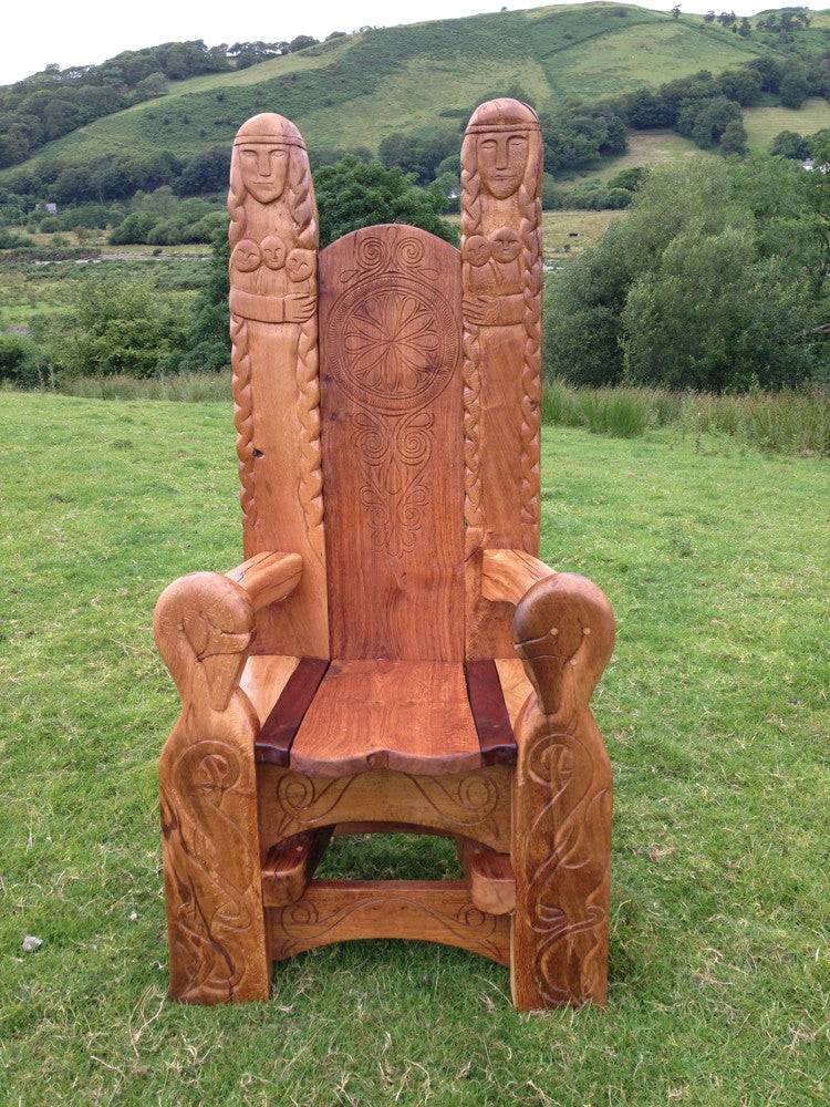 Hand-carved solid oak Viking Norse throne — bespoke handmade statement chair, Wales