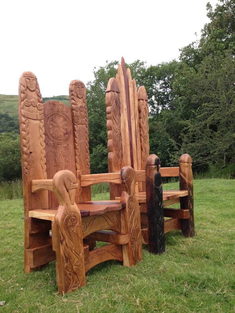Carved solid oak garden Viking throne chair — handmade bespoke Norse statement furniture, Wales