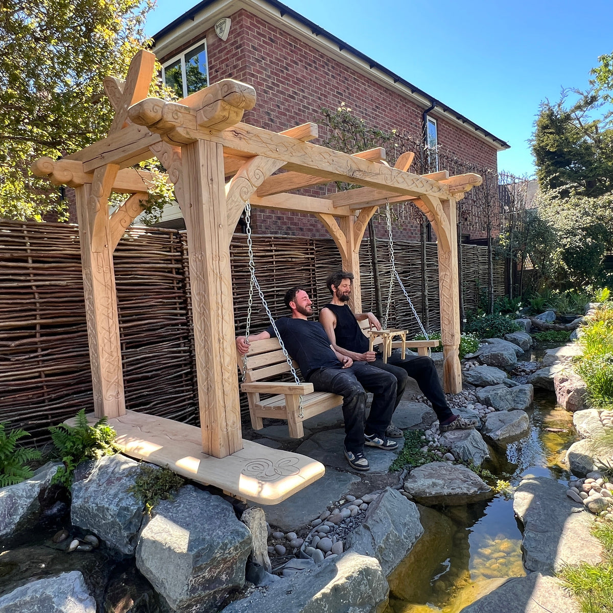Hand-Carved Viking Oak Garden Arbour with Swing Bench
