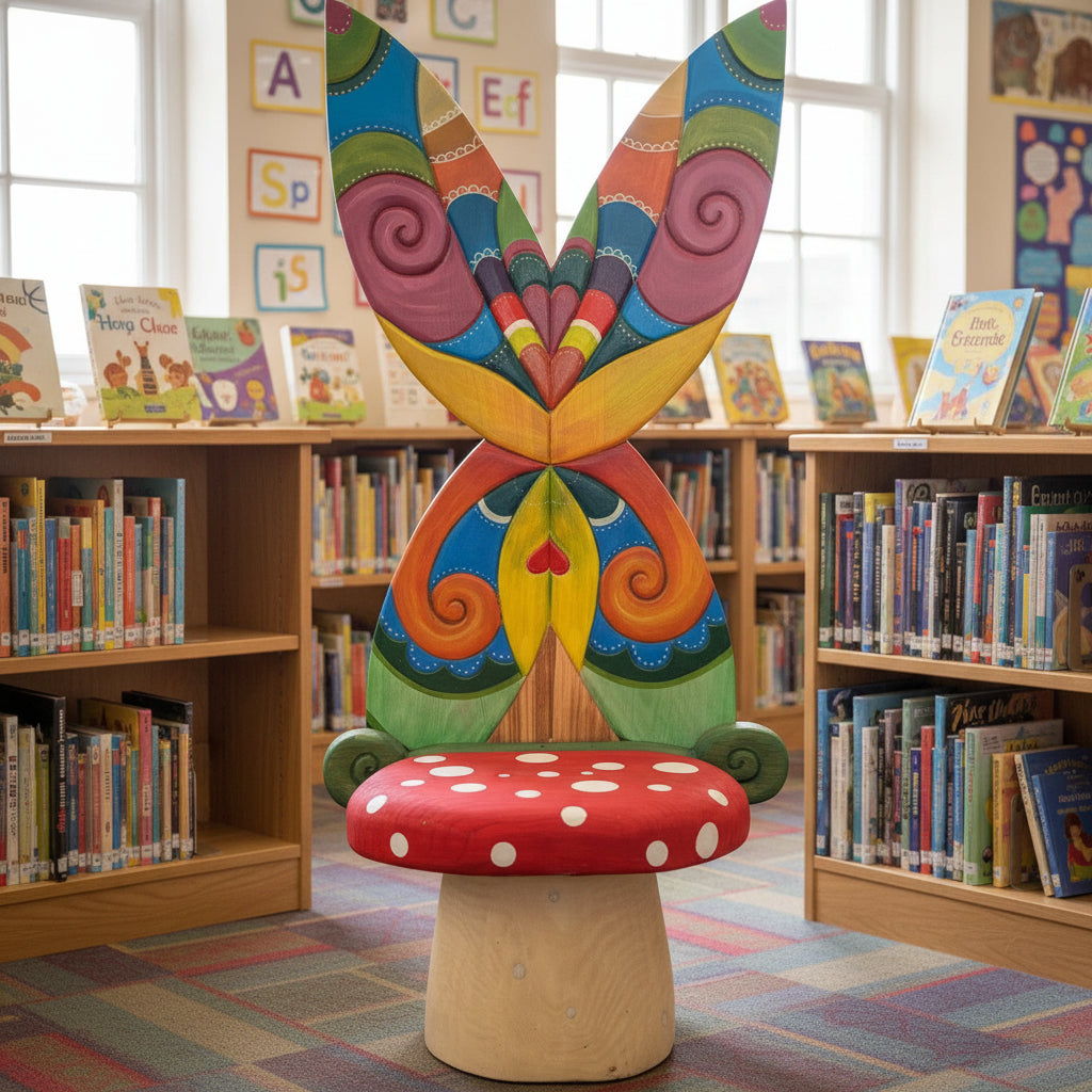 Fairy chair with colorful wings in a school library