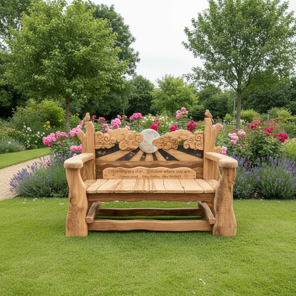Whimsical Wishing Star Garden Bench — handcrafted carved oak memorial bench, Wales