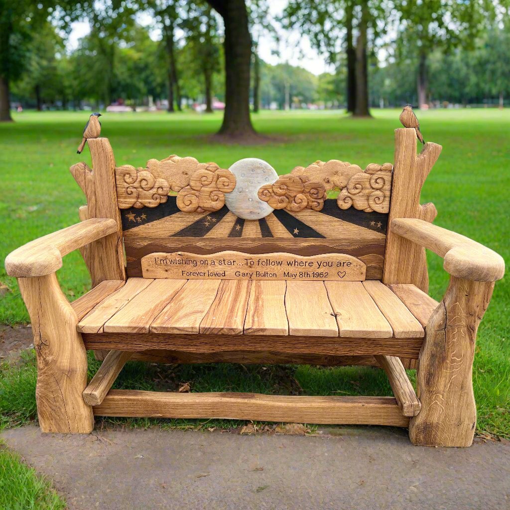 Handcrafted Whimsical Wishing Star Bench made from solid wood, featuring intricate carvings of clouds, stars, and birds with a heartfelt engraved message.

