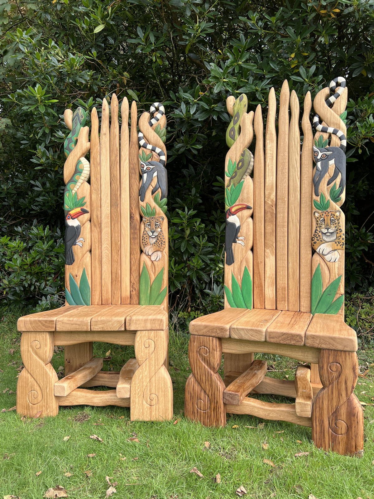 Wildlife-themed handcrafted oak throne — jungle animals carved into solid wood, Wales