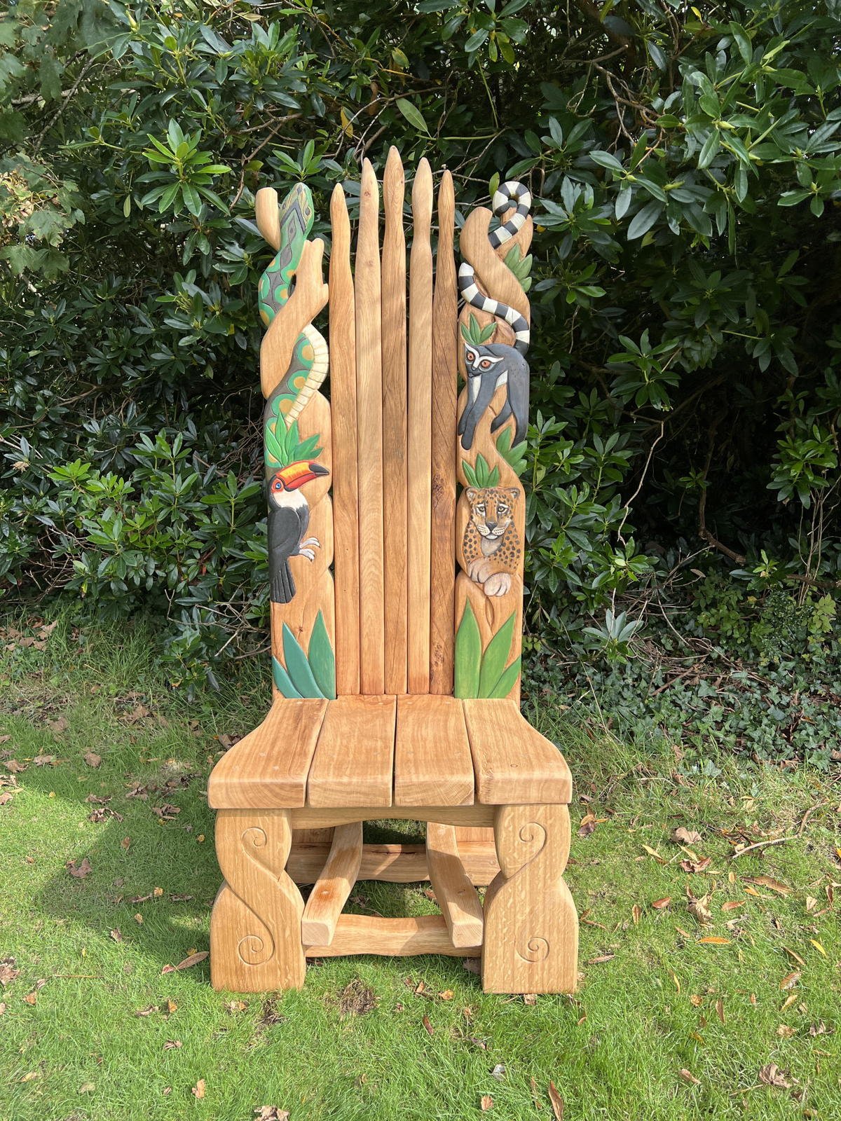Unique carved oak wild kingdom throne made for Drusillas Zoo — handmade bespoke animal chair, Wales