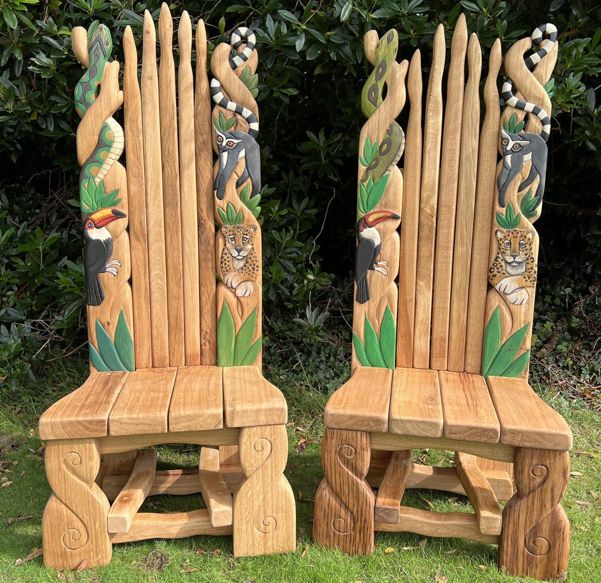 Carved solid oak wild kingdom throne with jungle animal carvings — handmade bespoke chair, Wales