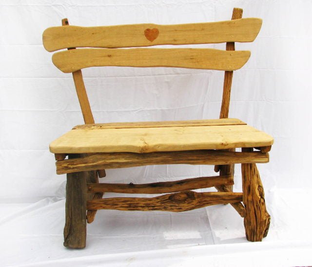 Heart-motif rustic handcrafted oak garden bench — bespoke outdoor seating, Wales