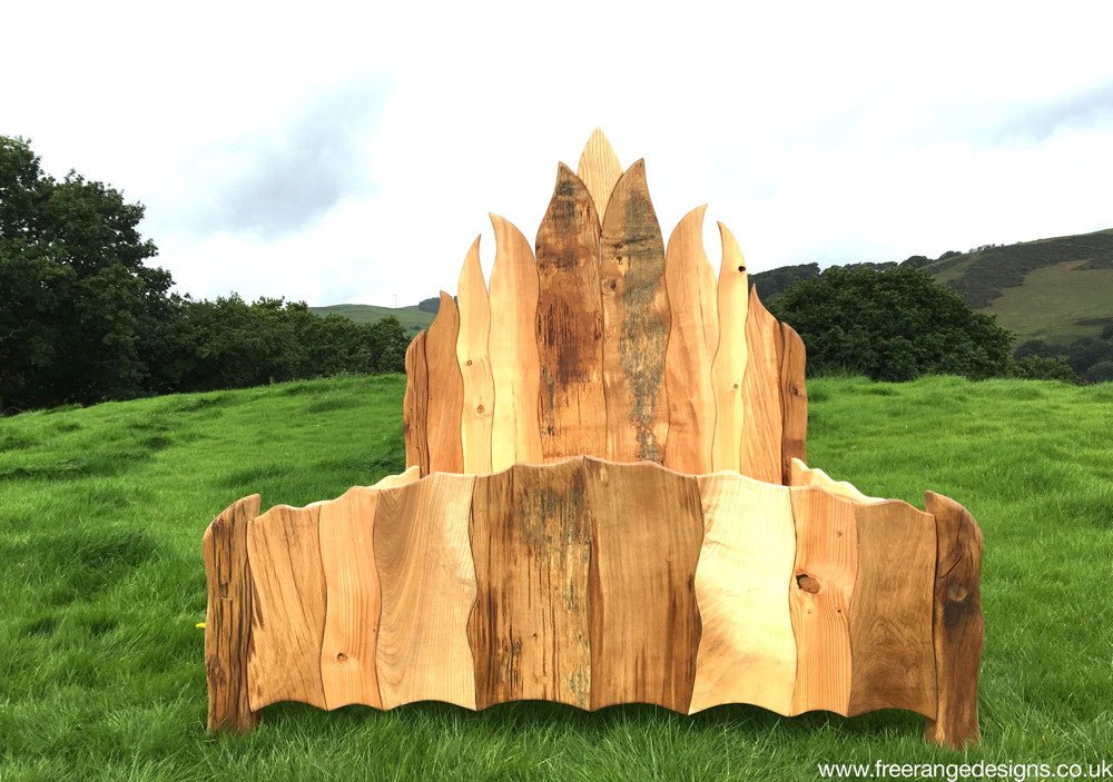 King size handmade solid oak flame bed — Viking-inspired carved bedroom furniture, Wales