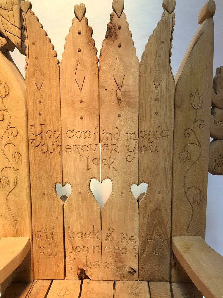 Carved oak woodland story chair — handmade bespoke storytelling throne, Wales