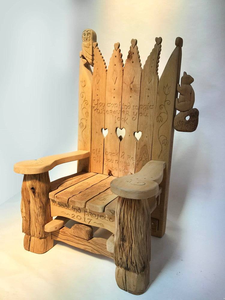 Legendary handcrafted woodland storytelling chair — carved oak reading throne, Wales