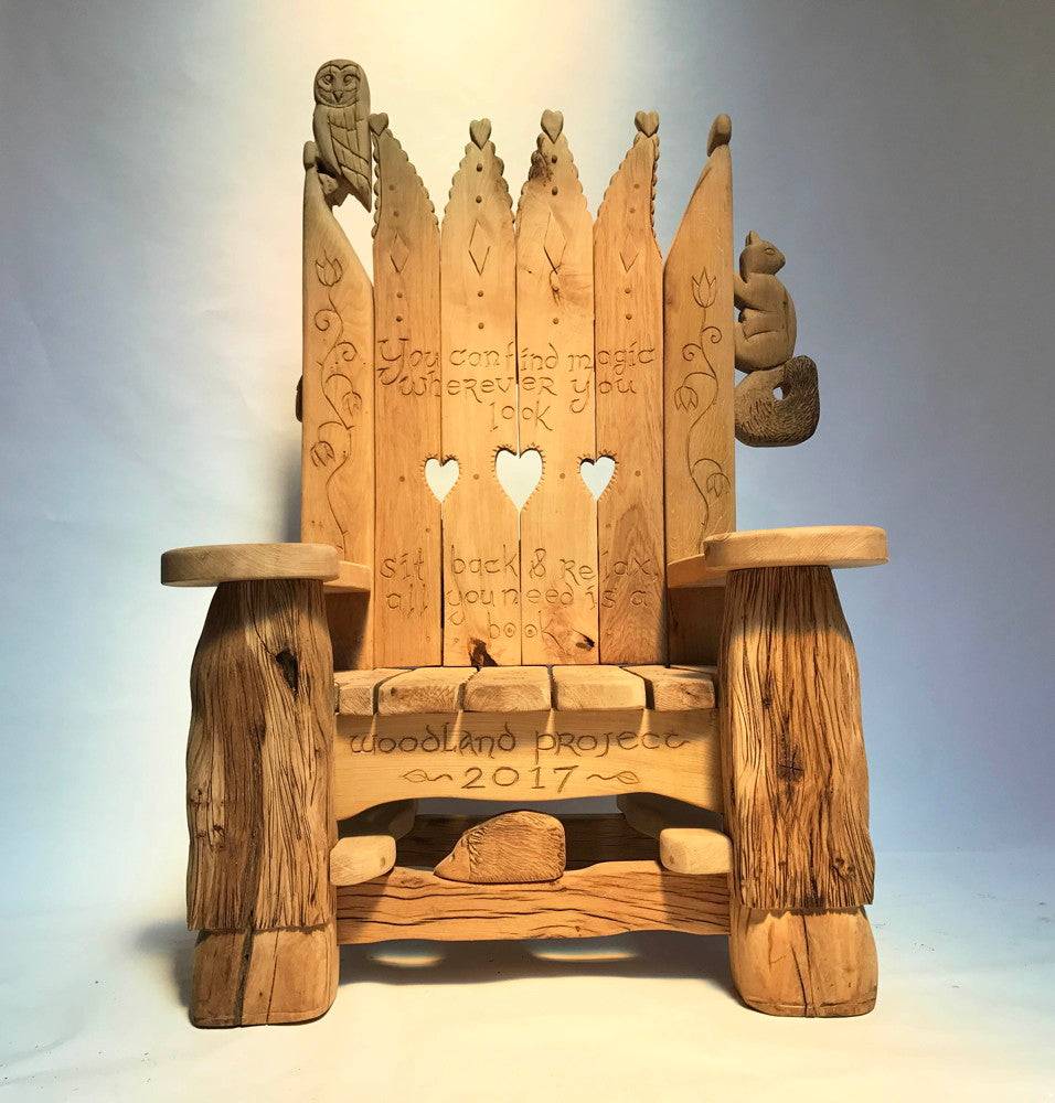 Handmade carved oak woodland chair — bespoke reading throne for schools and gardens, Wales