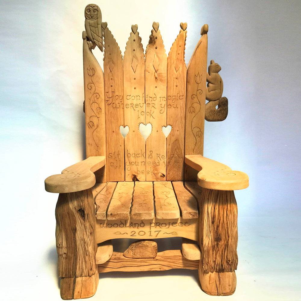 Handcrafted carved oak woodland wishing chair for schools — bespoke storytelling throne, Wales