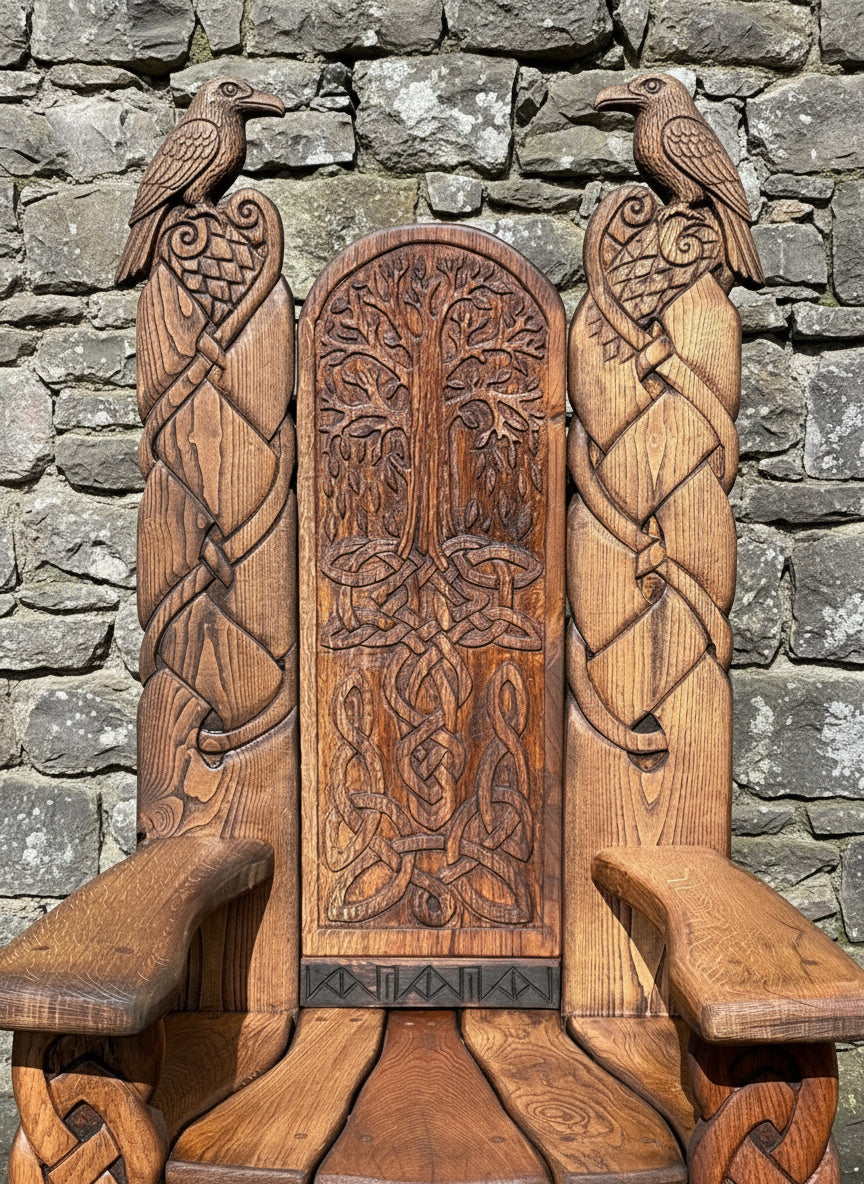 Carved oak Viking chair backrest with tree of life carving — bespoke storytelling throne, Wales