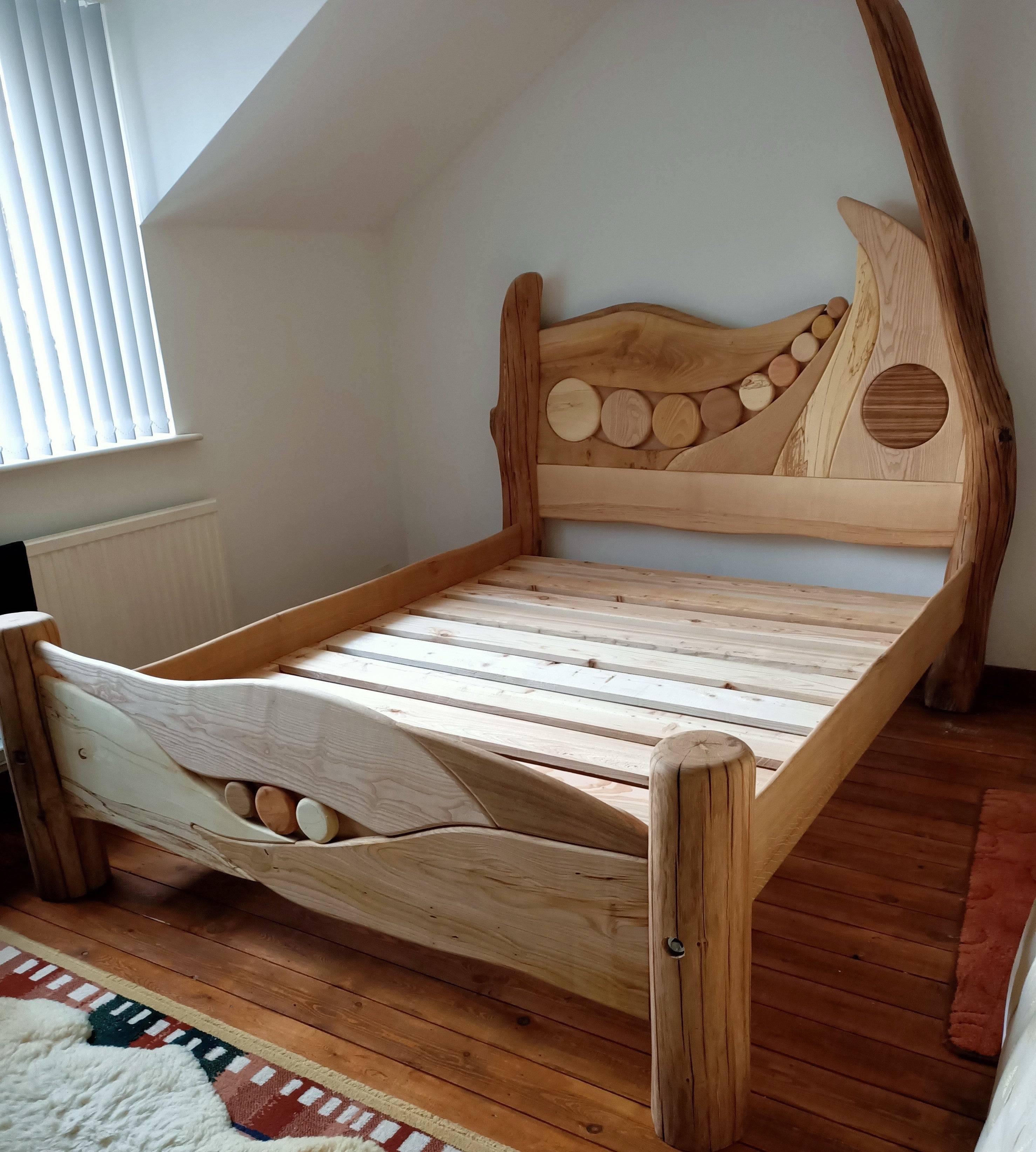 Wooden bed frame with natural design in bright room