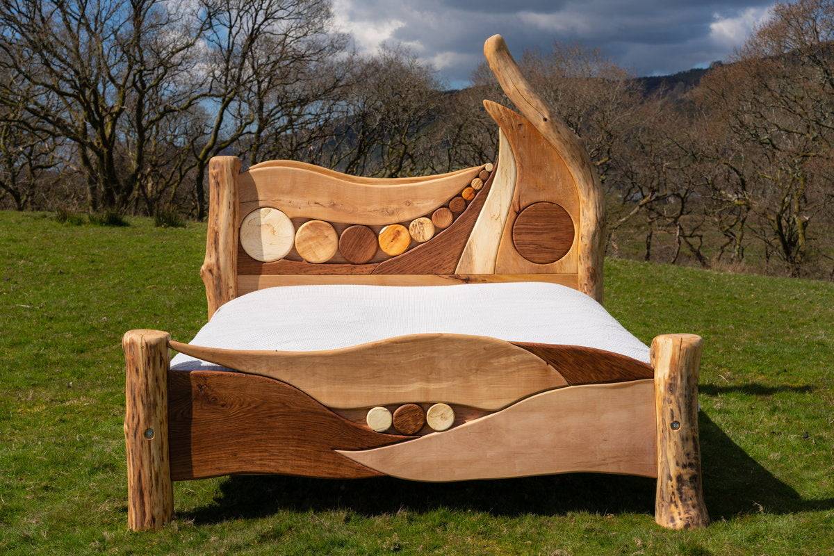 Artistic wooden bed frame with natural elements