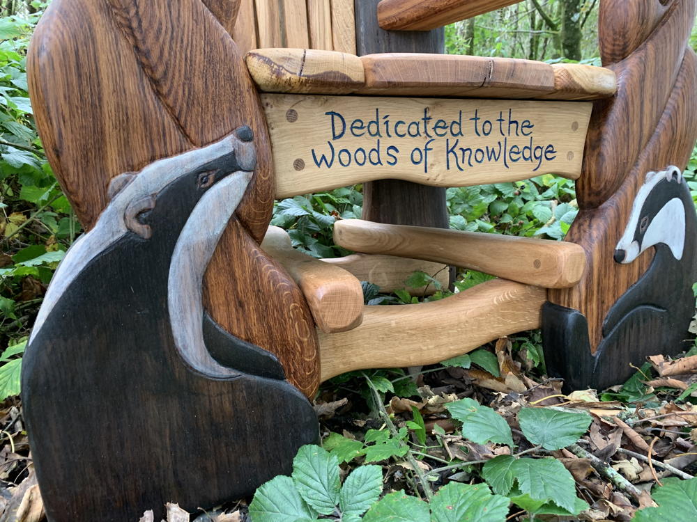 Chair inscription 'Dedicated to the Woods of Knowledge'