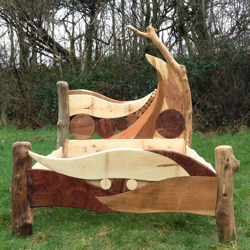 Artistic bed with wave and circle wood patterns