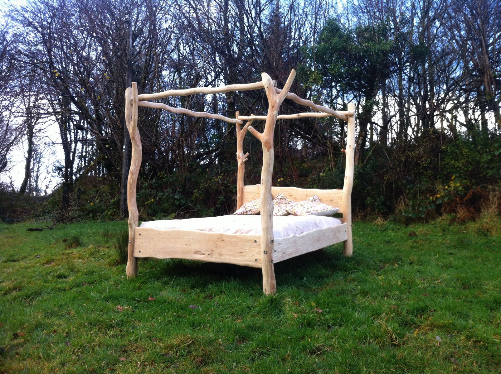 Natural driftwood four poster bed with mattress