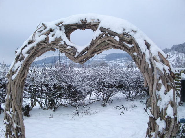 driftwood wedding arch in snow