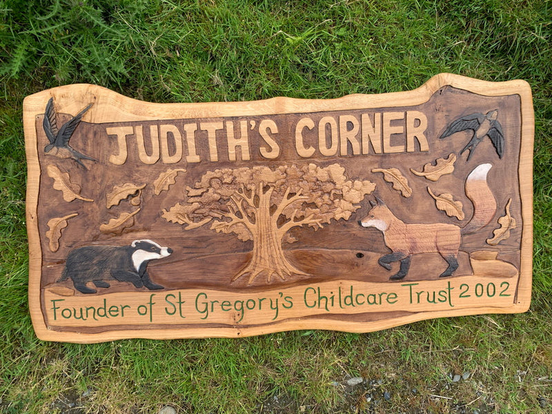 Carved outdoor wood sign