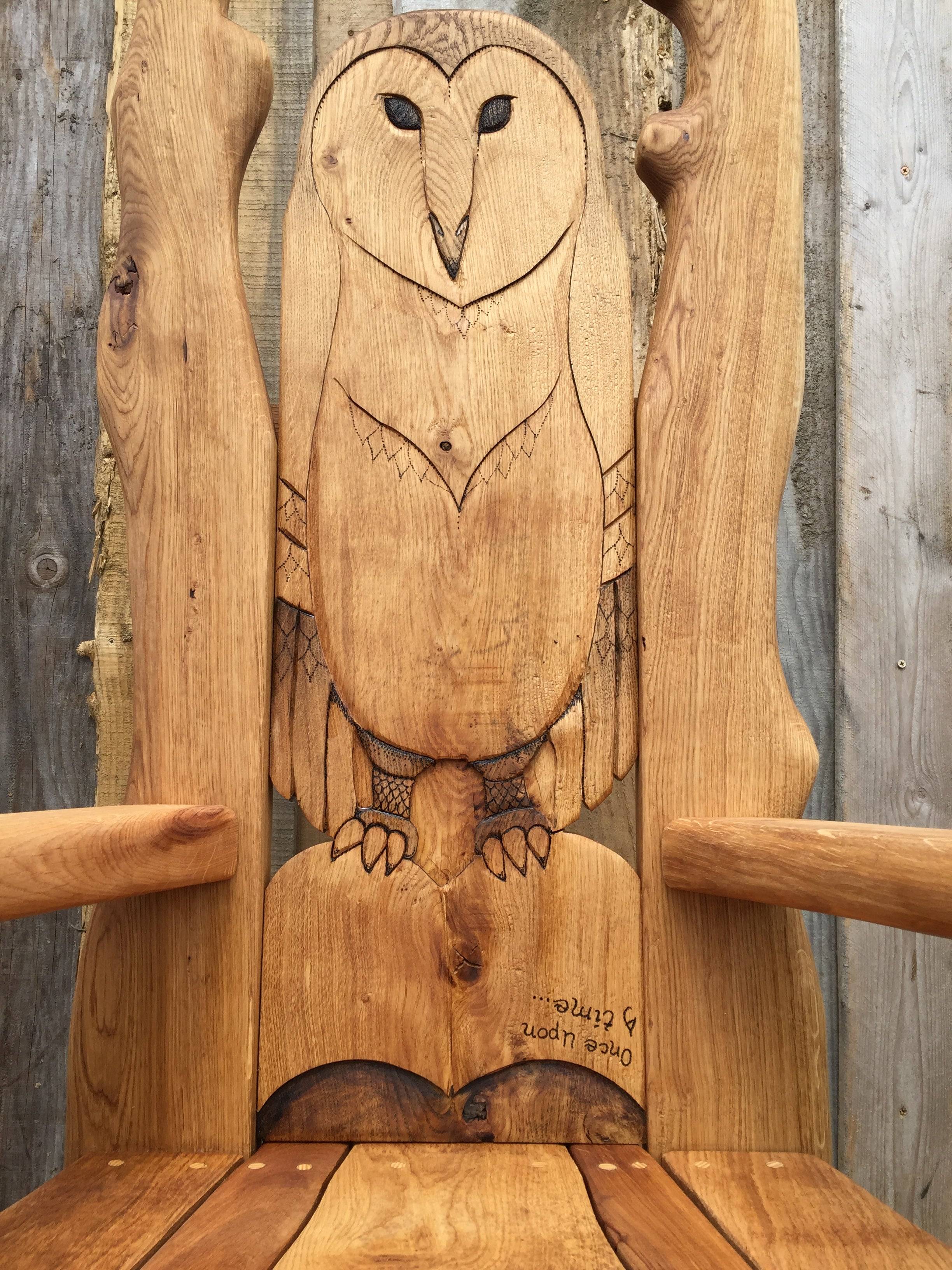 Detailed owl carving on oak storytelling chair