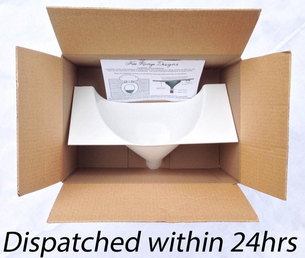 Urine separator packaged for dispatch within 24 hours.