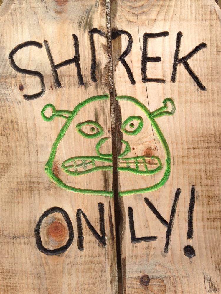 Close-up of Shrek design on wooden throne