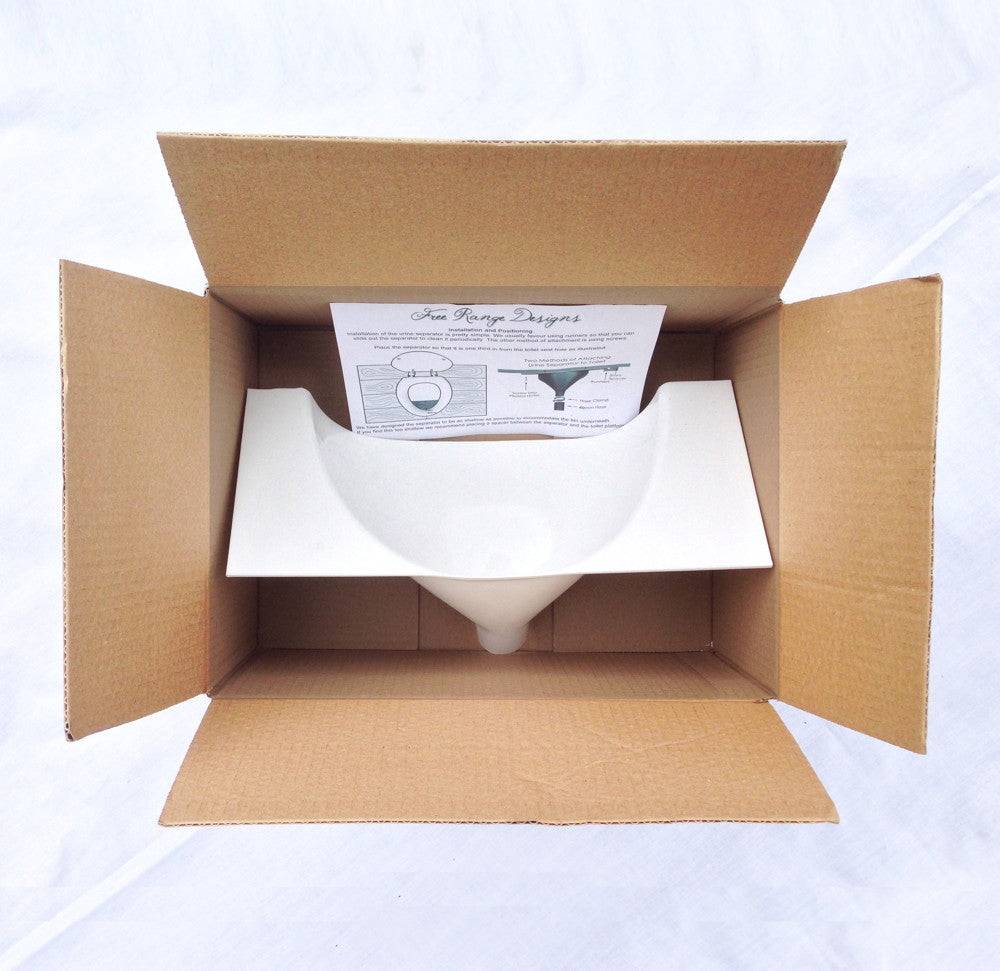 Urine diverter packaged in a cardboard box